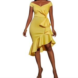 Stylish Off Shoulder Bodycon Dress in Yellow Size Large